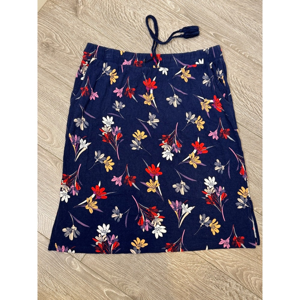 St Johns Bay L Navy Blue Floral Knit Skirt Large Tassel Drawstring Pockets Slit